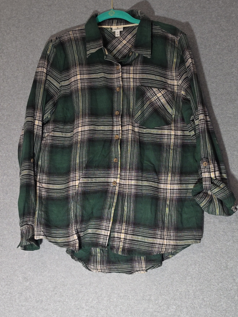 dressbarn Green Plaid Button-Down Shirt - Women's